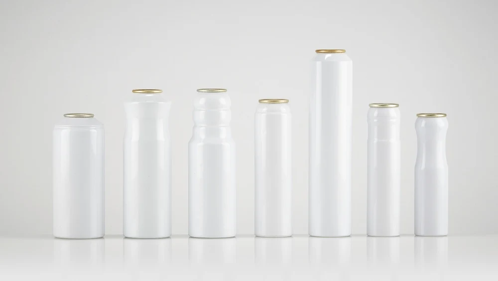 Metal aerosol cans in different sizes with different neck shapes.