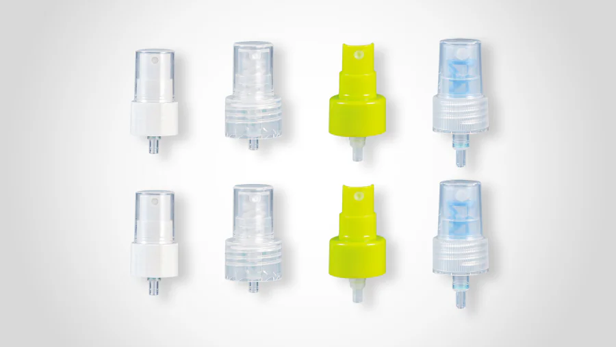All-plastic fine mist sprayer closures in white, clear, bright yellow, and translucent blue, with finger actuators, threaded collars, dip-tube connections, and protective overcaps.