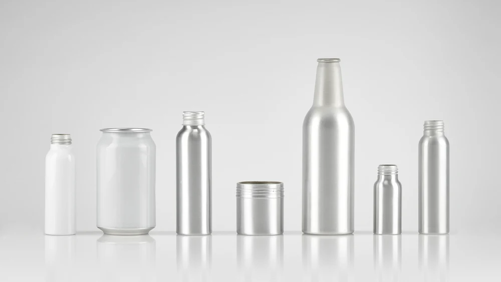 Aluminum beverage cans in different shapes and sizes.