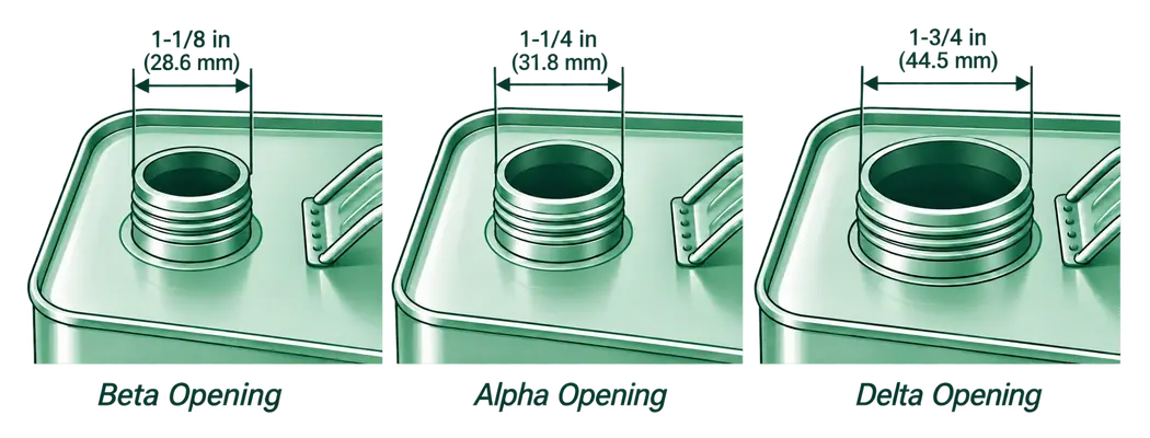 Metal can openings: Beta 1-1/8 in (28.6 mm), Alpha 1-1/4 in (31.8 mm), and Delta 1-3/4 in (44.5 mm).