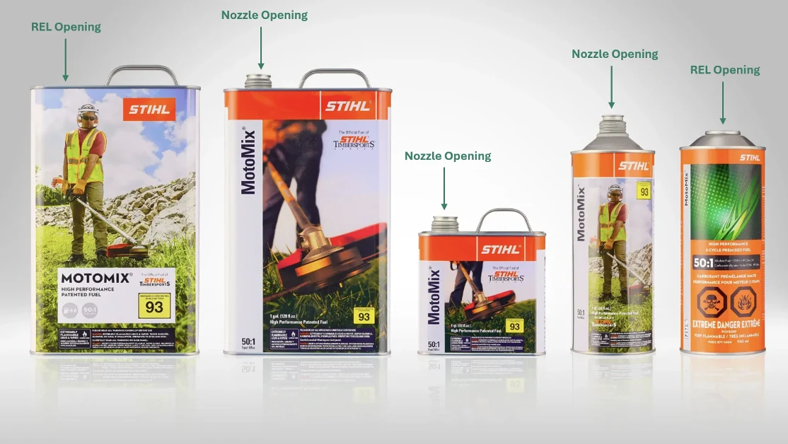 Five STIHL MotoMix metal fuel cans in different sizes, with arrows identifying REL and nozzle openings.