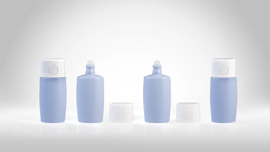 Light blue sunscreen bottles with white one-touch side-release caps featuring round push buttons, shown both assembled and uncapped with dispensing necks exposed.