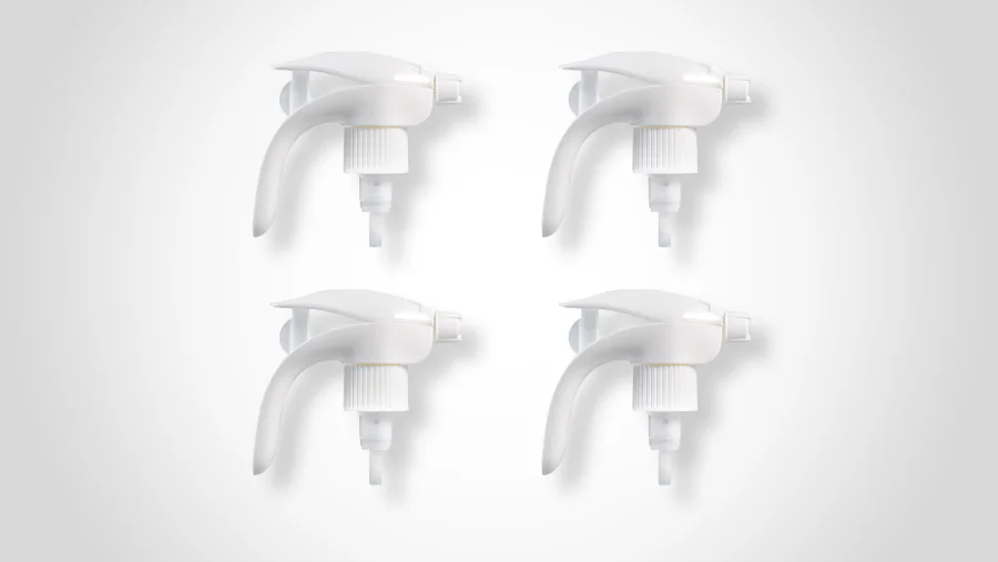 White thumb-activated trigger sprayers with broad top press levers, curved ergonomic handles, ribbed threaded collars, front nozzles, and visible lower pump connections.