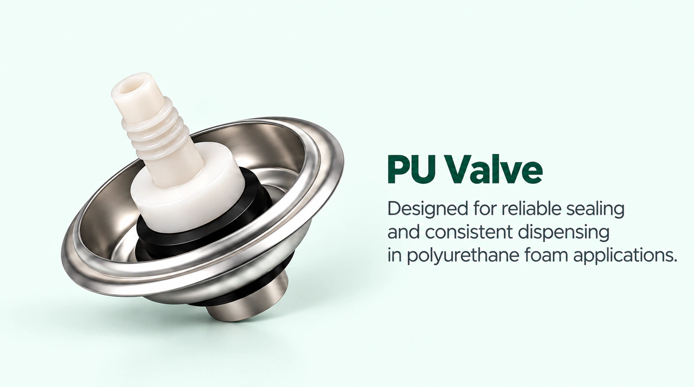 PU valve with a white plastic stem, black grommet, and tinplate mounting cup