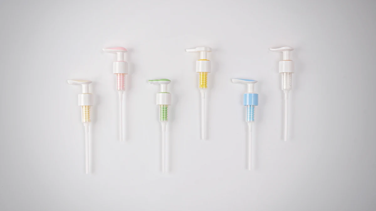 All-plastic dispensing pumps with long dip tubes and colored internal components for sunscreen and personal care packaging.