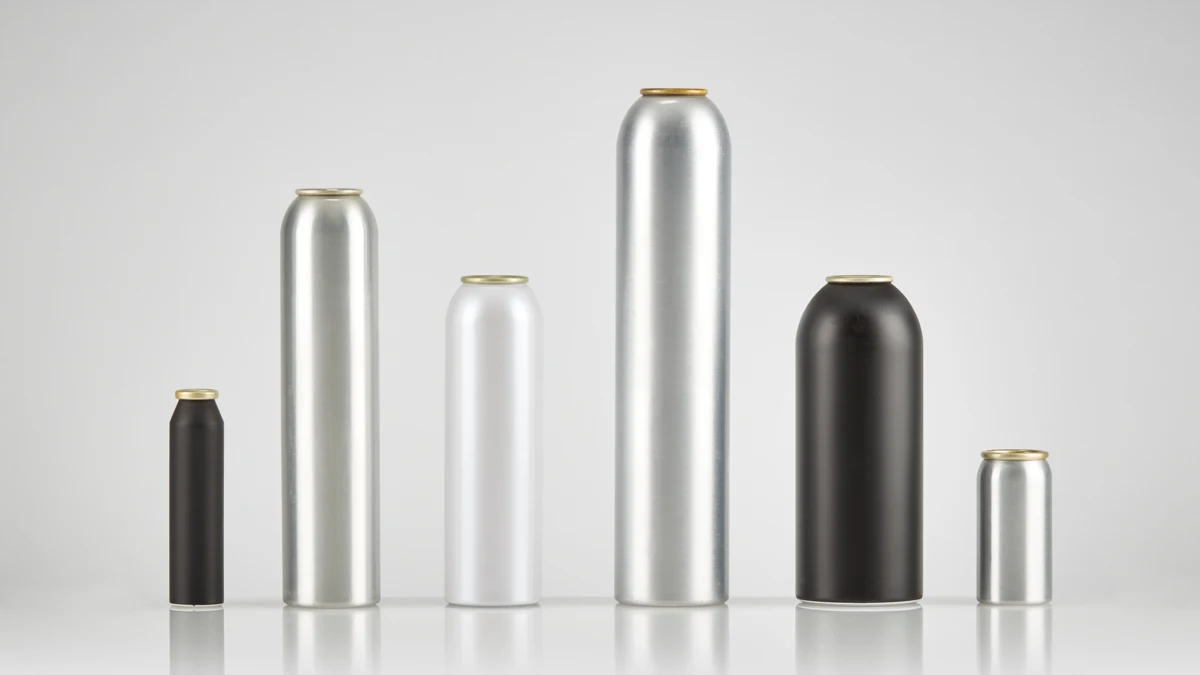 Aluminum aerosol containers in silver, white, and black finishes shown in multiple sizes for sunscreen spray packaging.