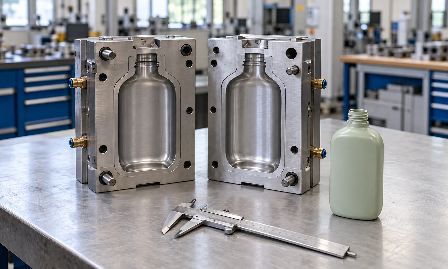 custom-packaging-tooling-bottle-mold-5×3 Open metal bottle mold beside a matching plastic bottle sample and calipers on a workshop bench.