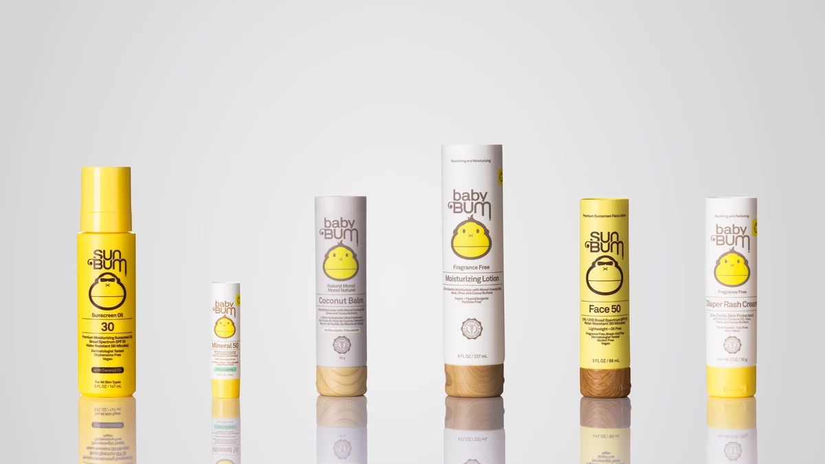 Sun Bum and Baby Bum suncare packaging for sunscreen oil, mineral SPF, balm, lotion, face sunscreen, and diaper rash cream.